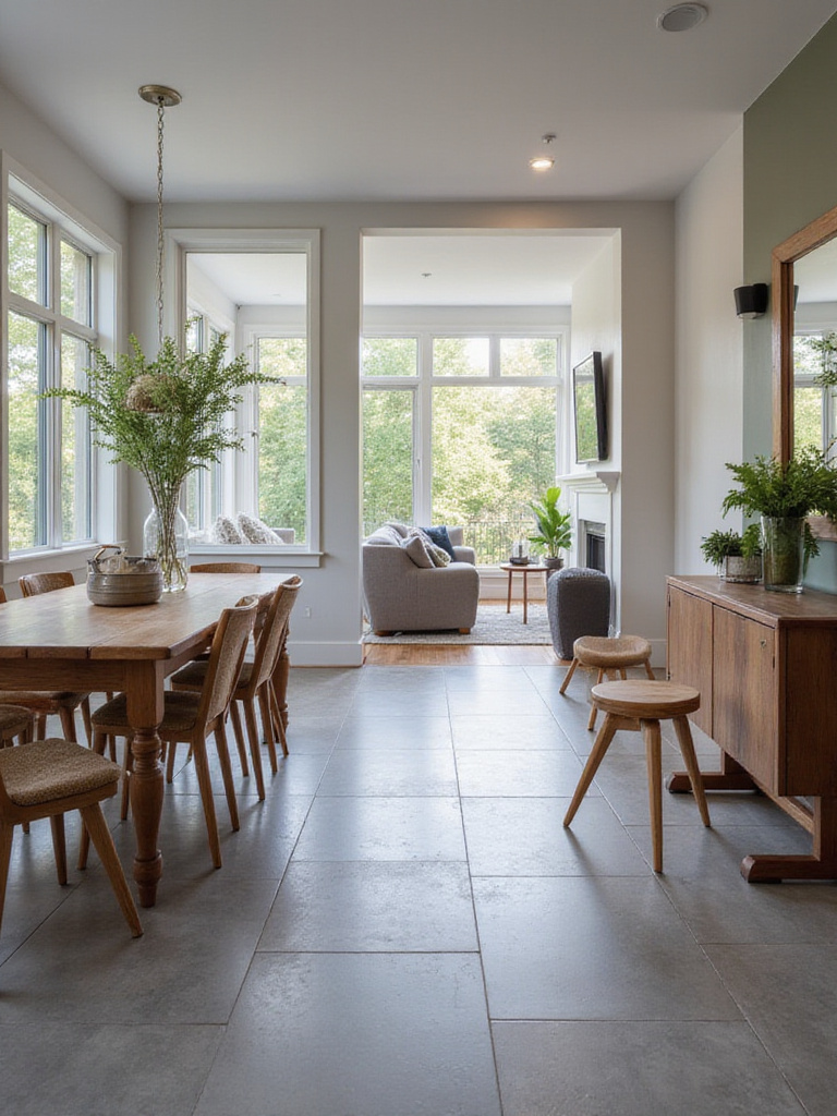 Contemporary dining room with seamless flow into living area, showcasing cohesive design and natural light.