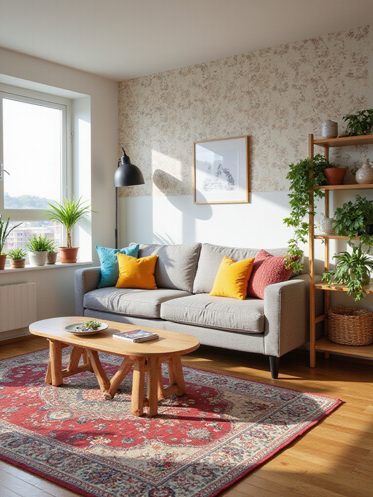 Cozy apartment living room decorated with renter-friendly decor including removable wallpapers and colorful pillows.