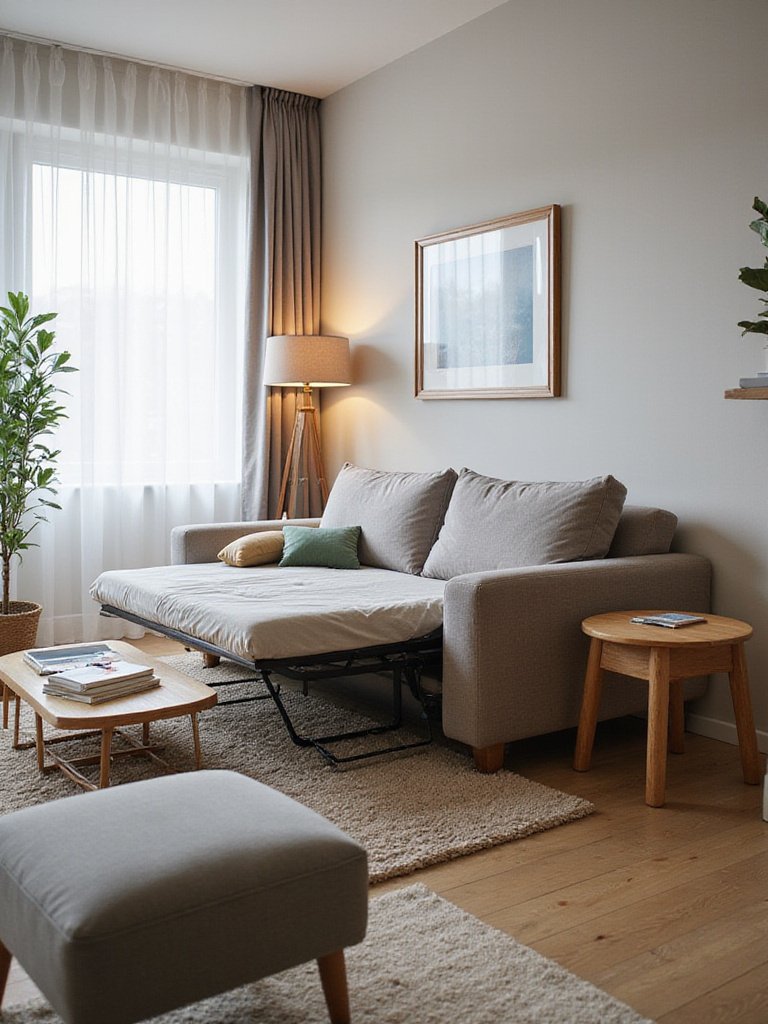 Stylish apartment living room with multi-functional furniture