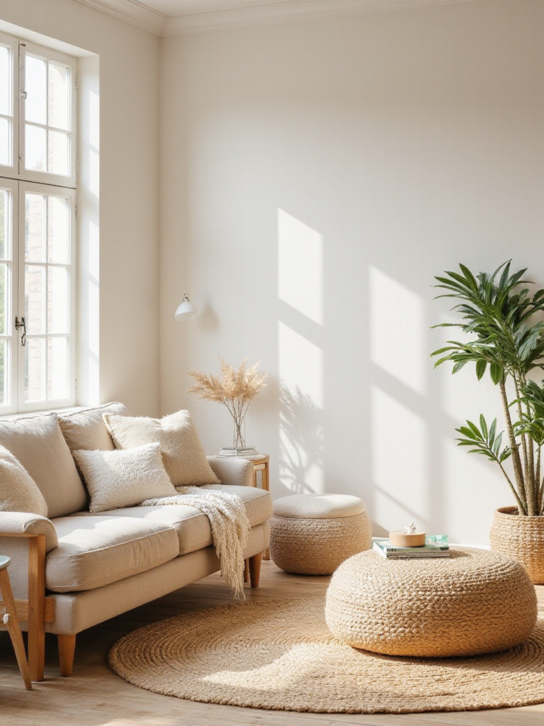 Boho living room with neutral base palette showcasing warm off-white walls and soft textures.