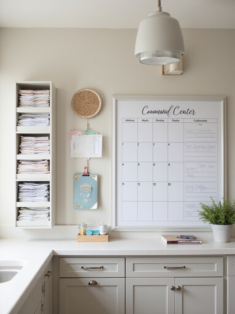 A well-organized kitchen command center with categorized mail, a family calendar, and a dry-erase board.
