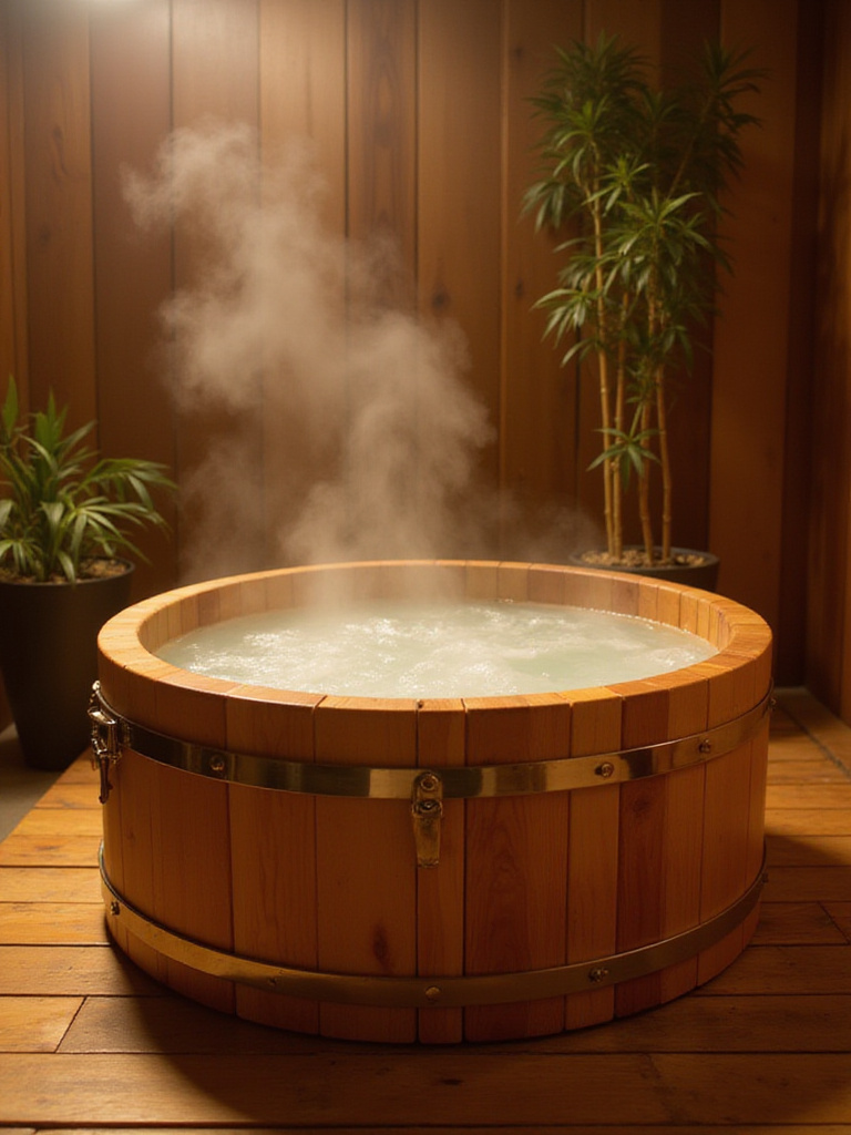 Compact Japanese soaking tub filled with warm water in a serene bathroom setting