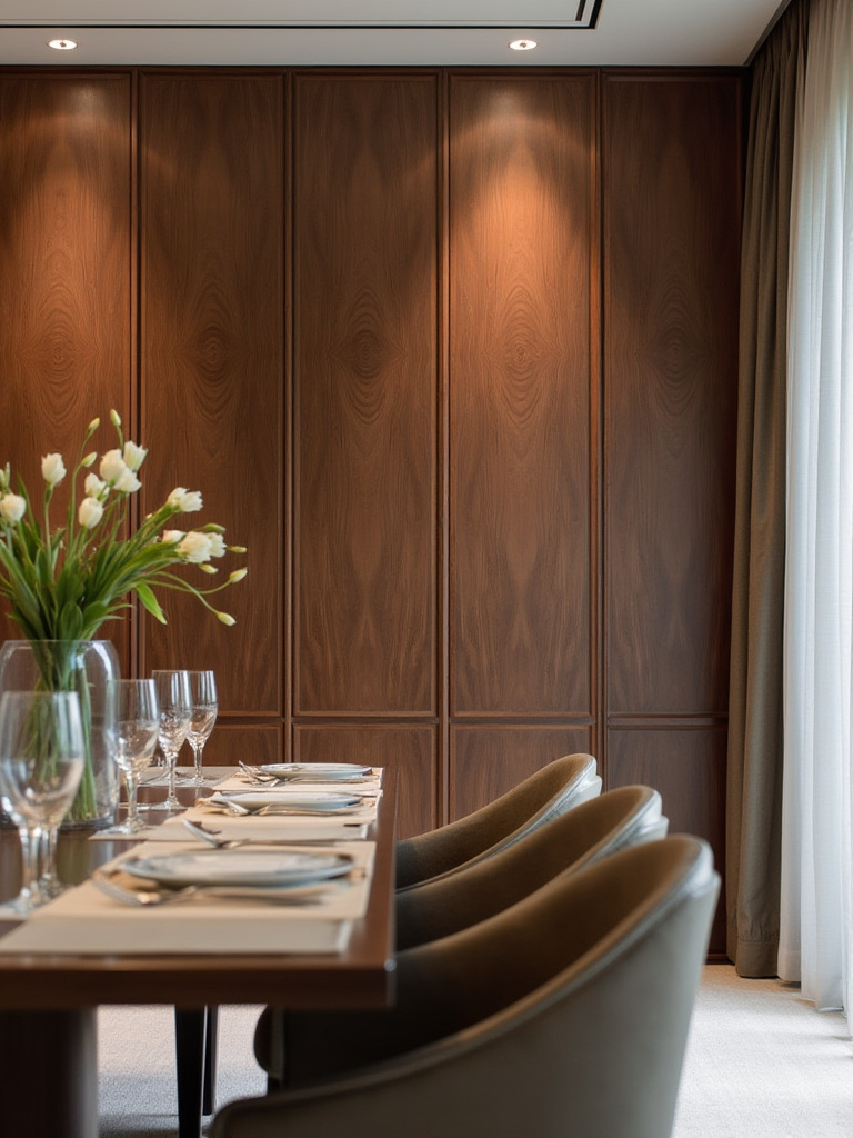 Contemporary dining room with textured wall treatments featuring fluted walnut panels.