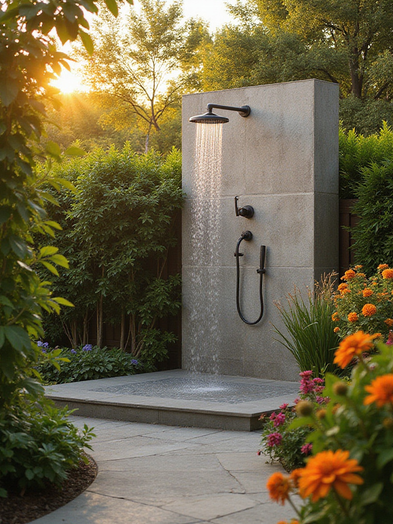 Luxurious outdoor shower surrounded by lush greenery in a serene garden setting.
