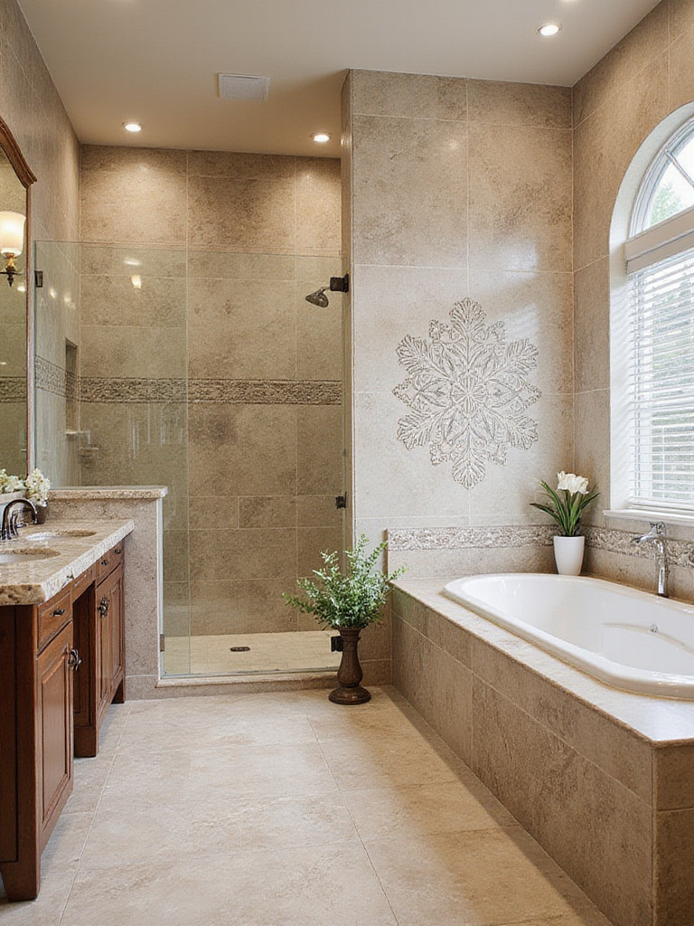 A professional photo showcasing a luxurious bathroom with unique custom tilework. The scene features a beautifully designed shower wall adorned with intricate, hand-painted tiles in soothing shades of blue and green. Soft, natural light filters in from a nearby window, creating a serene ambiance. The camera angle is slightly above eye level, capturing the elegance of the tile design and the overall spaciousness of the room.