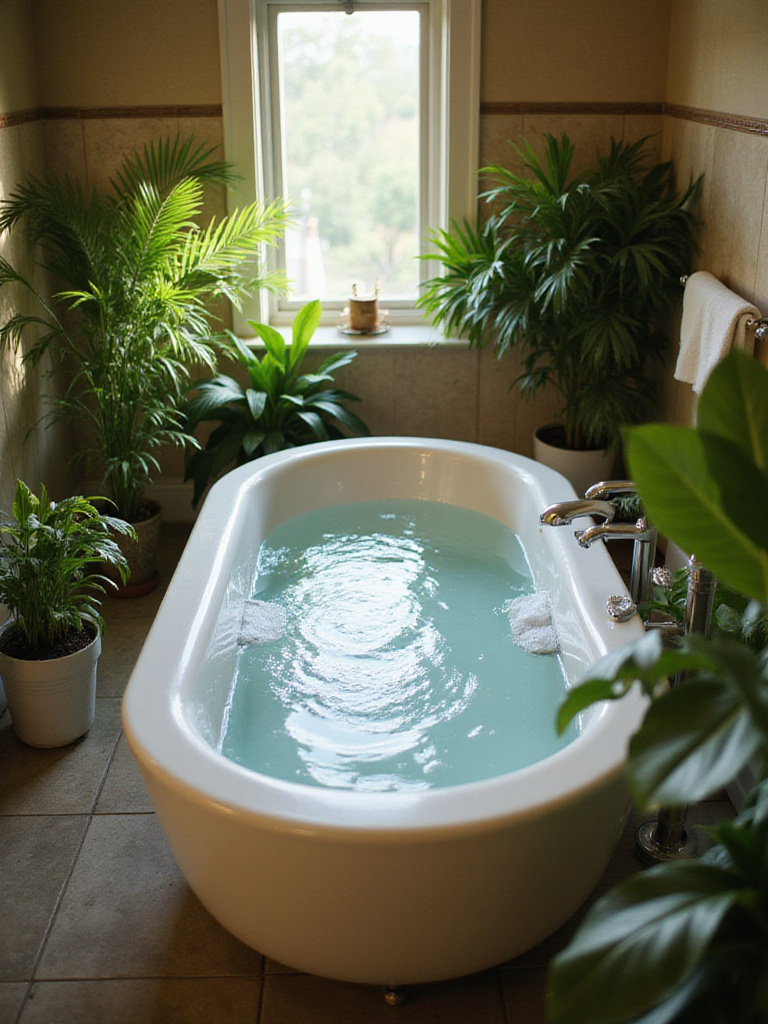 A serene bathroom with a well-maintained bathtub surrounded by plants and soft lighting.