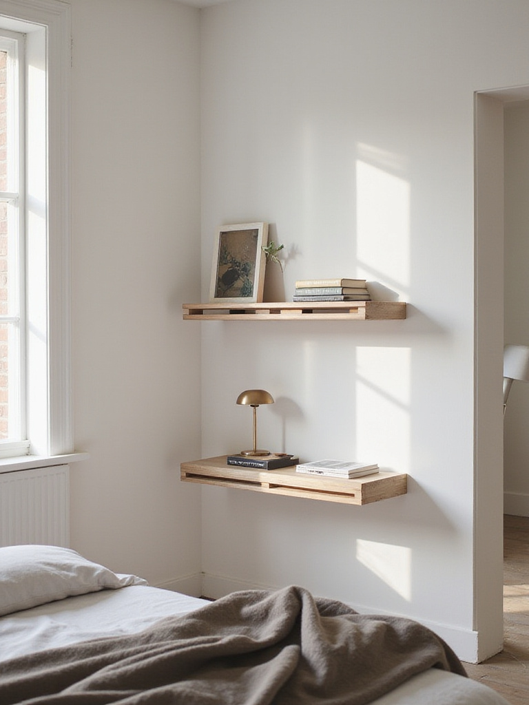 A stylish bedroom with wall-mounted floating nightstands beside a bed, emphasizing open floor space.
