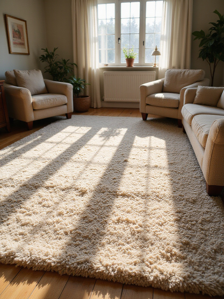 Cozy living room with a soft, textured area rug anchoring the seating area.