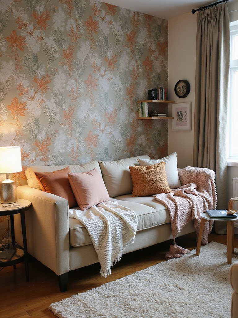 Cozy apartment living room with temporary decor elements that create a homey atmosphere.