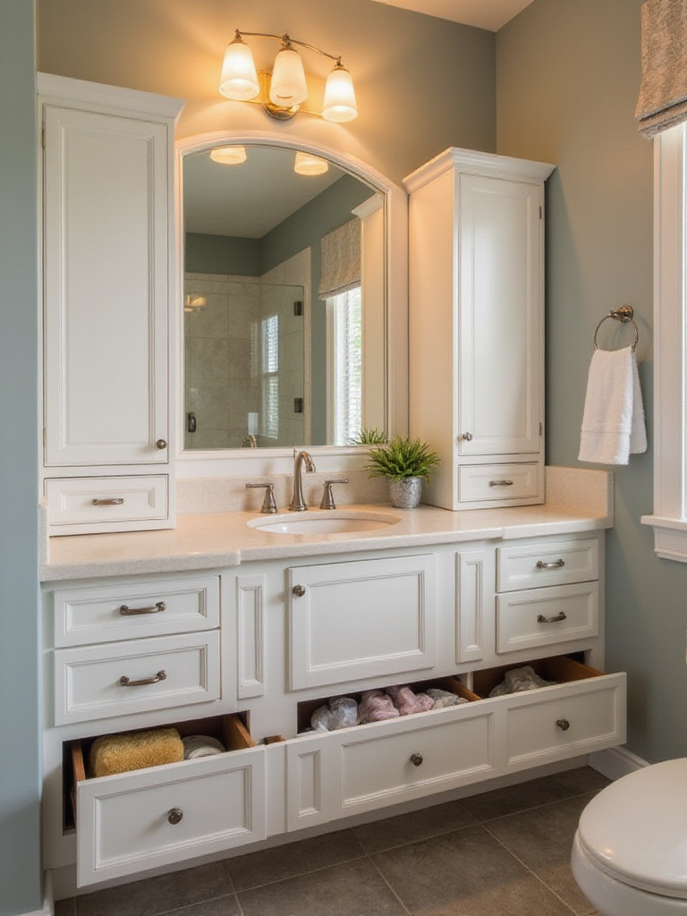 Clutter-free bathroom countertop with smart storage solutions