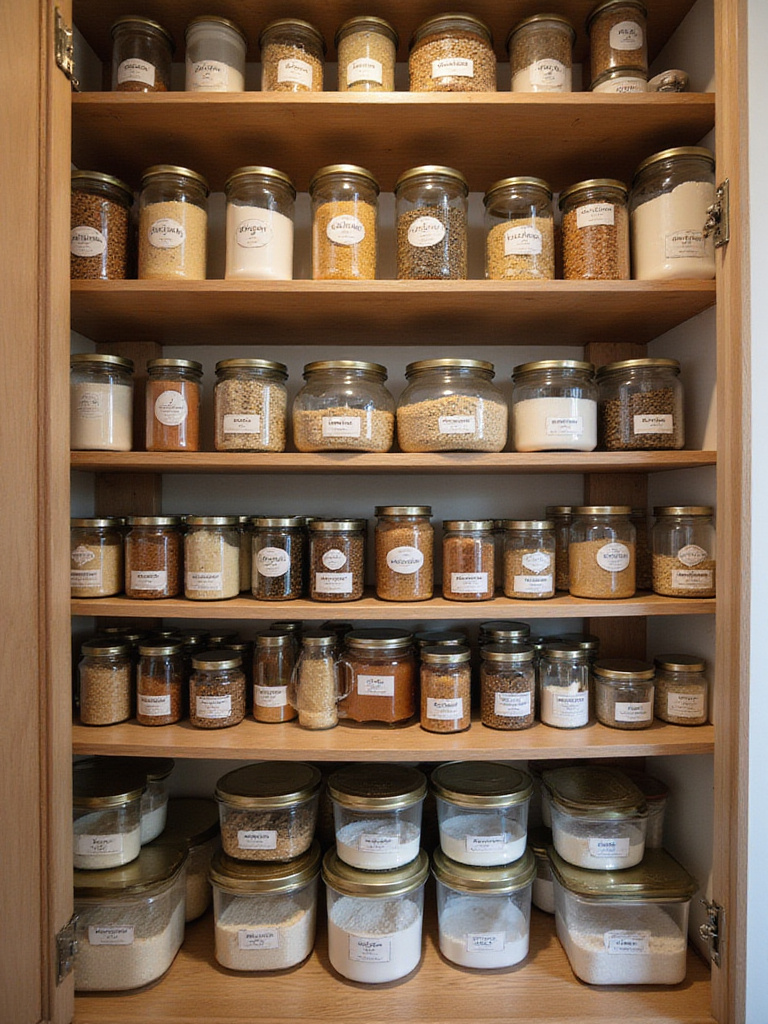 Organized pantry shelf demonstrating the FIFO method with labeled containers and jars.