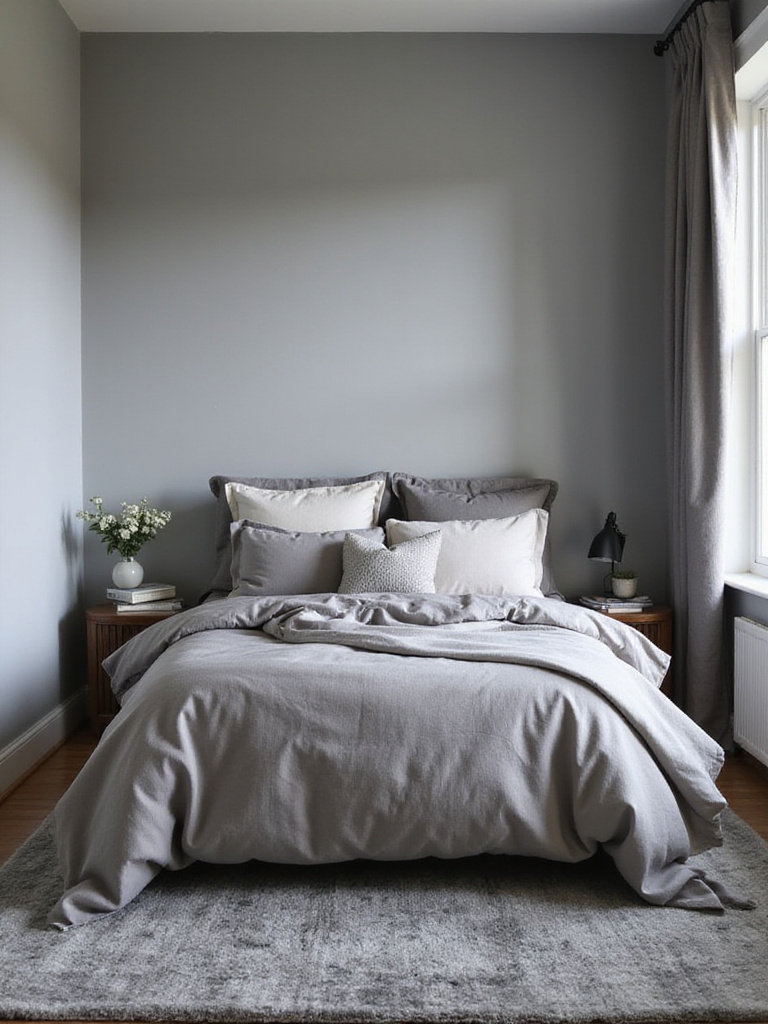 Small bedroom with a monochromatic color scheme featuring soft grey walls and layered bedding.