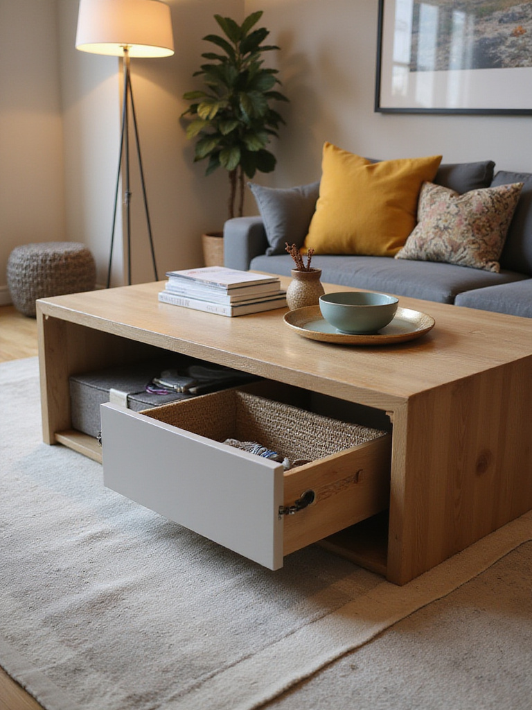 Modern apartment living room with concealed clutter and cables through innovative storage solutions.
