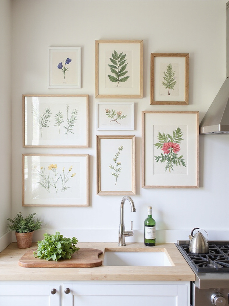 Chic botanical print collection displayed on a kitchen wall