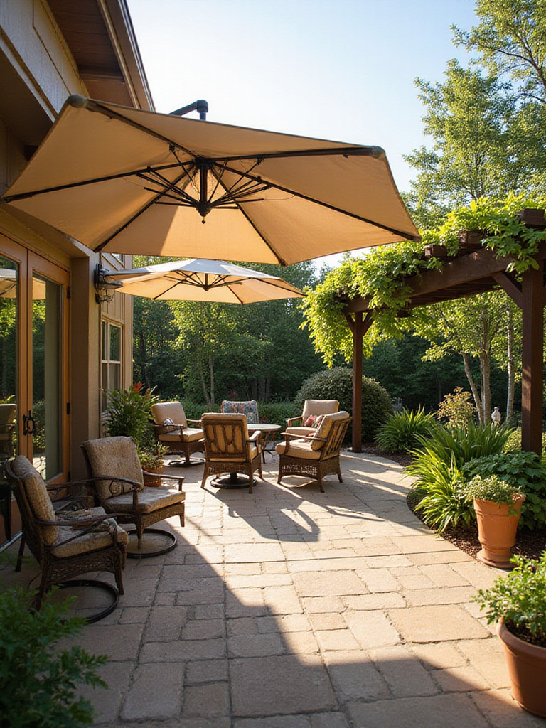 A serene patio featuring strategic shade solutions like a cantilever umbrella and a pergola.