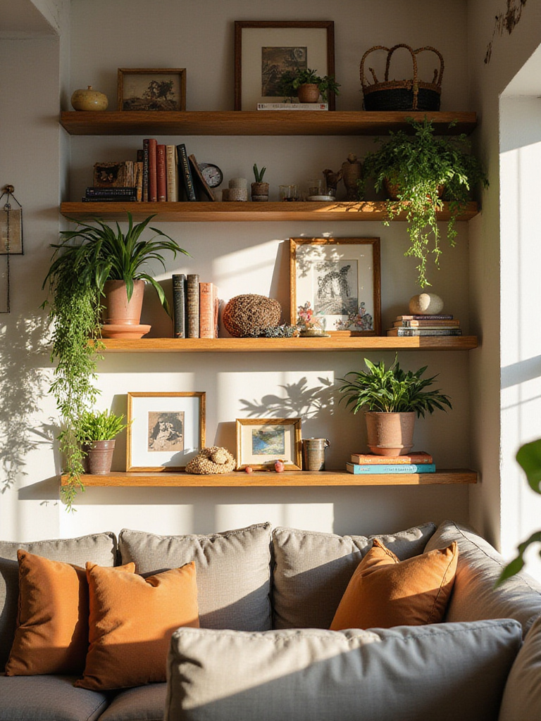 Boho living room with open shelving displaying personal collections and plants.