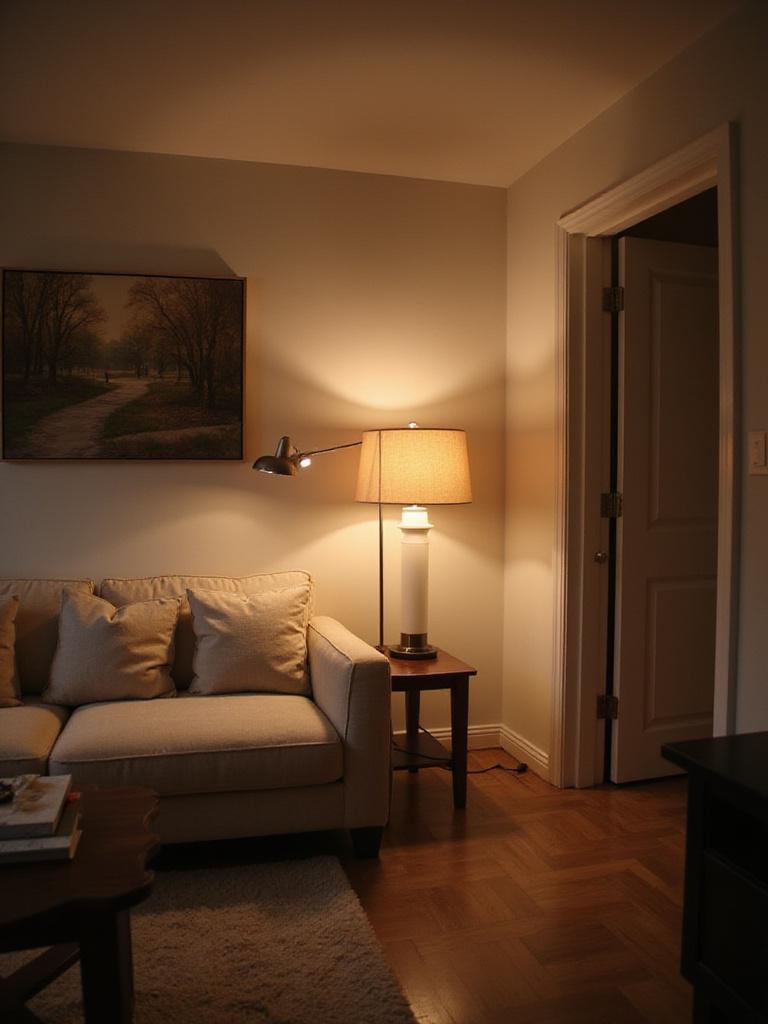 Cozy apartment living room with layered lighting, floor lamp, table lamp, and accent lights