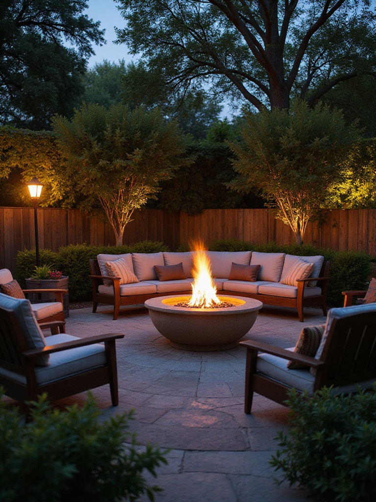 Cozy outdoor patio with a fire pit and comfortable seating illuminated at dusk