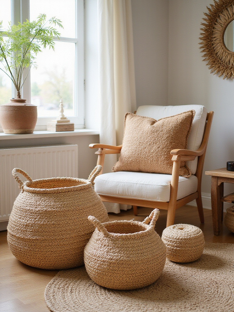 Cozy boho living room featuring woven baskets for storage