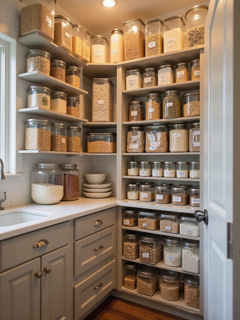 A well-organized kitchen pantry with clear containers and labeled items for bulk storage.