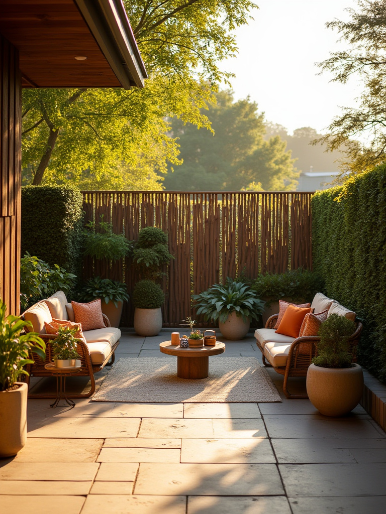 A tranquil patio with decorative screens, outdoor curtains, and hedges providing privacy.