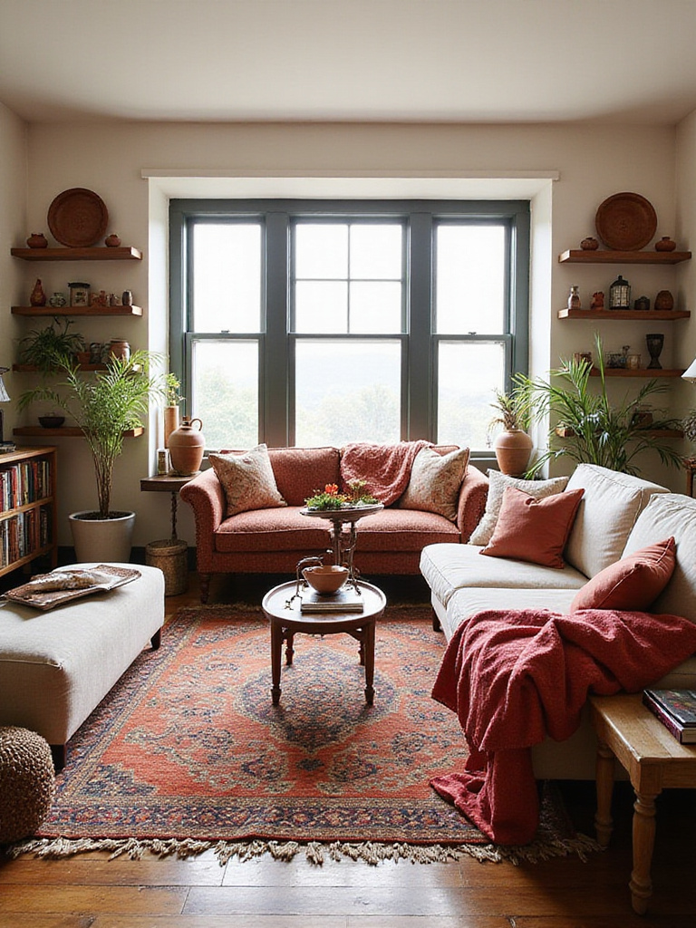 A cozy living room featuring eclectic global decor items, enhancing the wanderlust aesthetic.