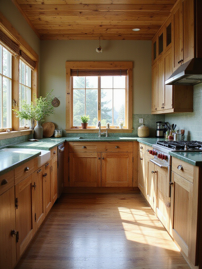 A kitchen featuring sustainable materials such as reclaimed wood and recycled glass countertops.