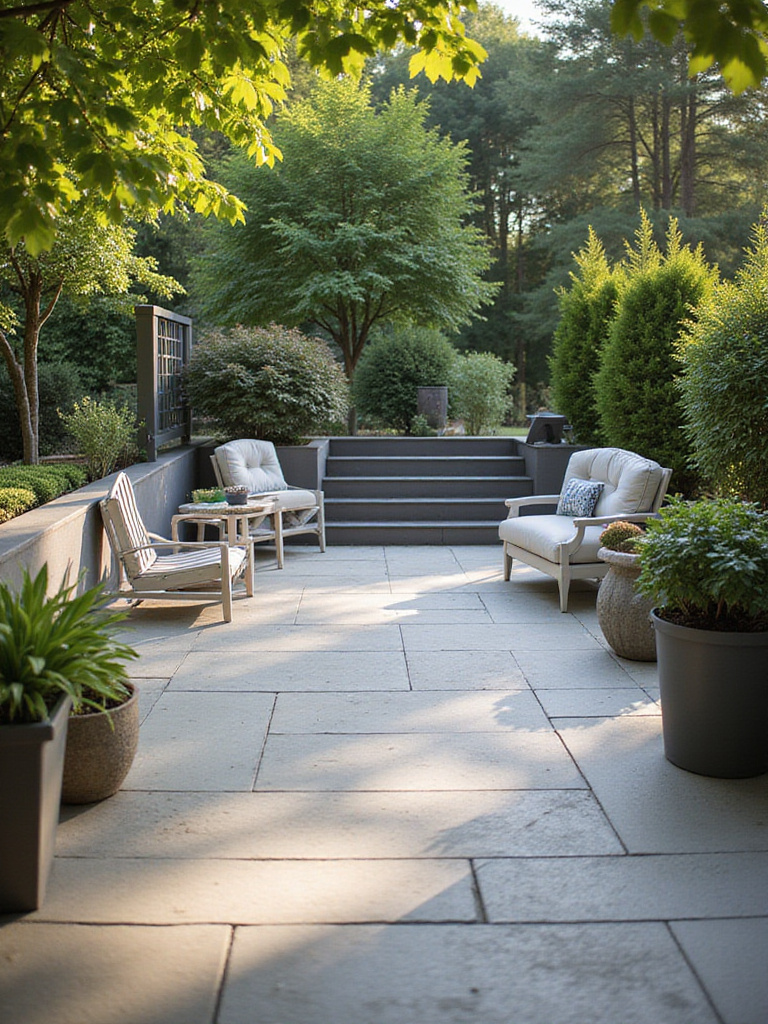 A stunning patio designed with low-maintenance materials including composite decking and porcelain tiles.