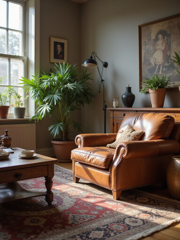 Cozy living room with vintage and antique furniture pieces, showcasing a warm and inviting atmosphere.