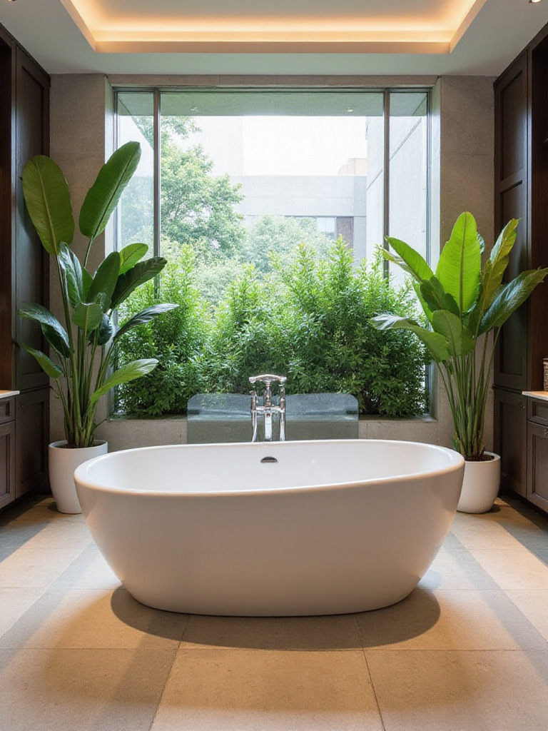 Luxurious freestanding bathtub in a modern spa-like bathroom setting with ambient lighting.