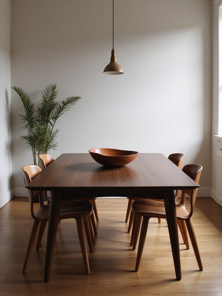 Contemporary dining room with curated accessories and warm lighting
