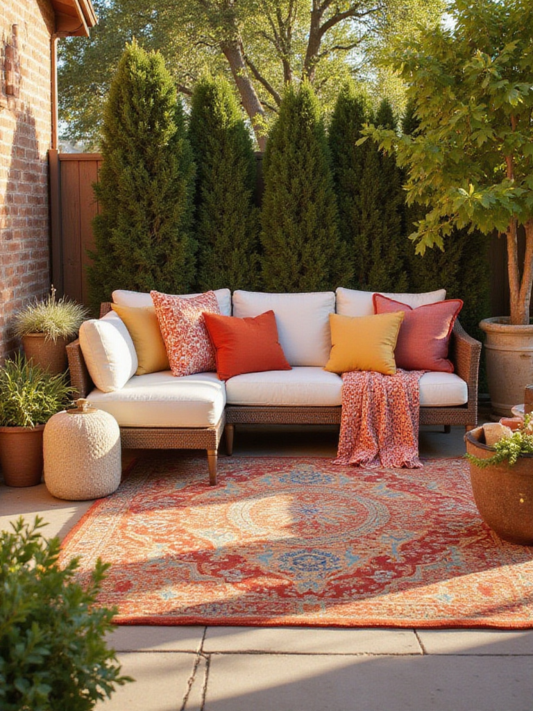 Stylish outdoor patio with colorful rug and pillows