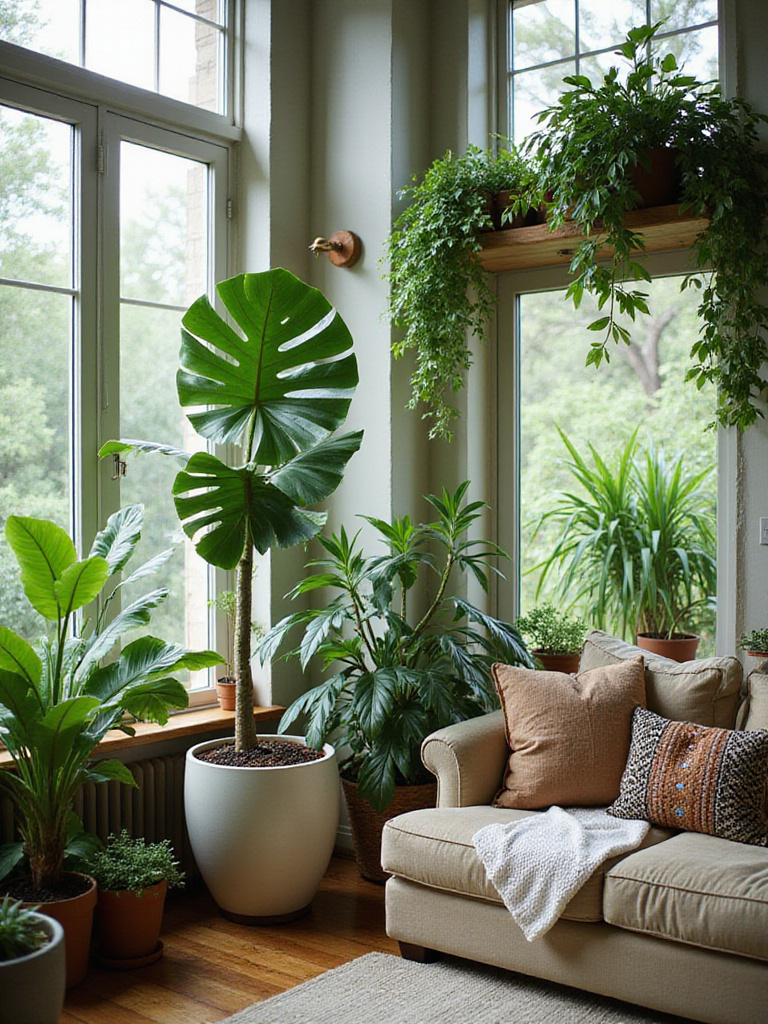 Boho living room with various houseplants in natural light