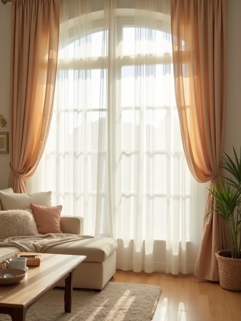 A cozy living room with soft curtains filtering natural light
