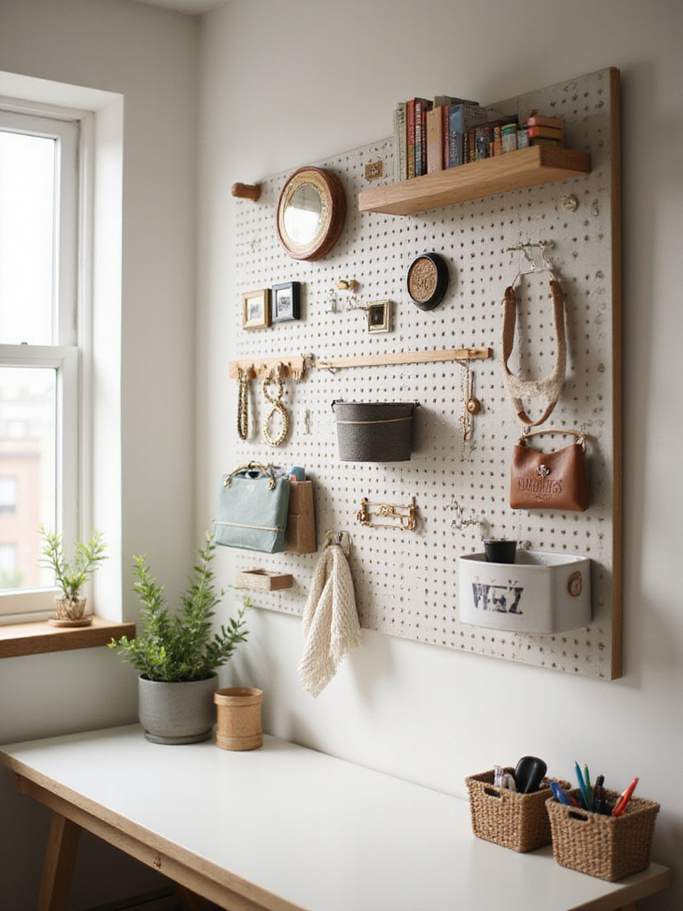 Stylish bedroom with pegboard wall storage above a minimalist desk