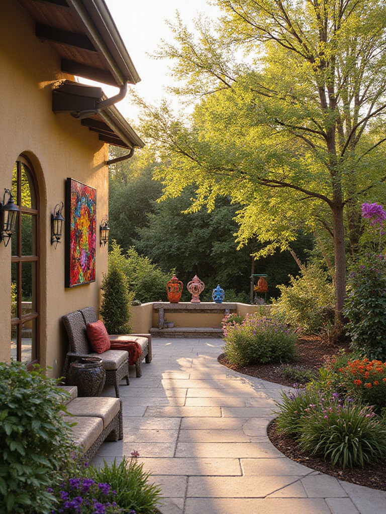 Beautiful outdoor space with curated art and mirrors reflecting vibrant garden views