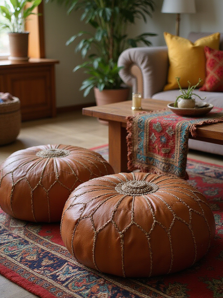 Cozy bohemian living room with Moroccan poufs and vibrant decor