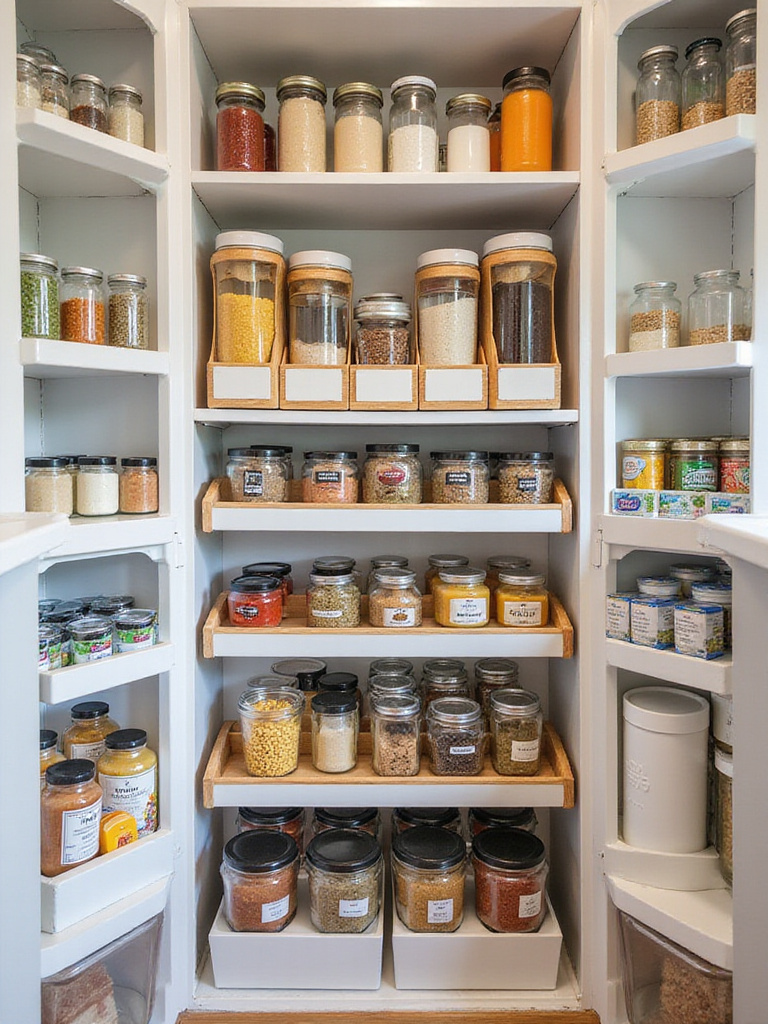 Organized pantry shelves with vertical risers and tiered organizers, showcasing various jars and cans.