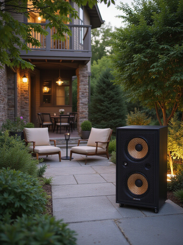 Outdoor patio with high-quality audio system and lush greenery