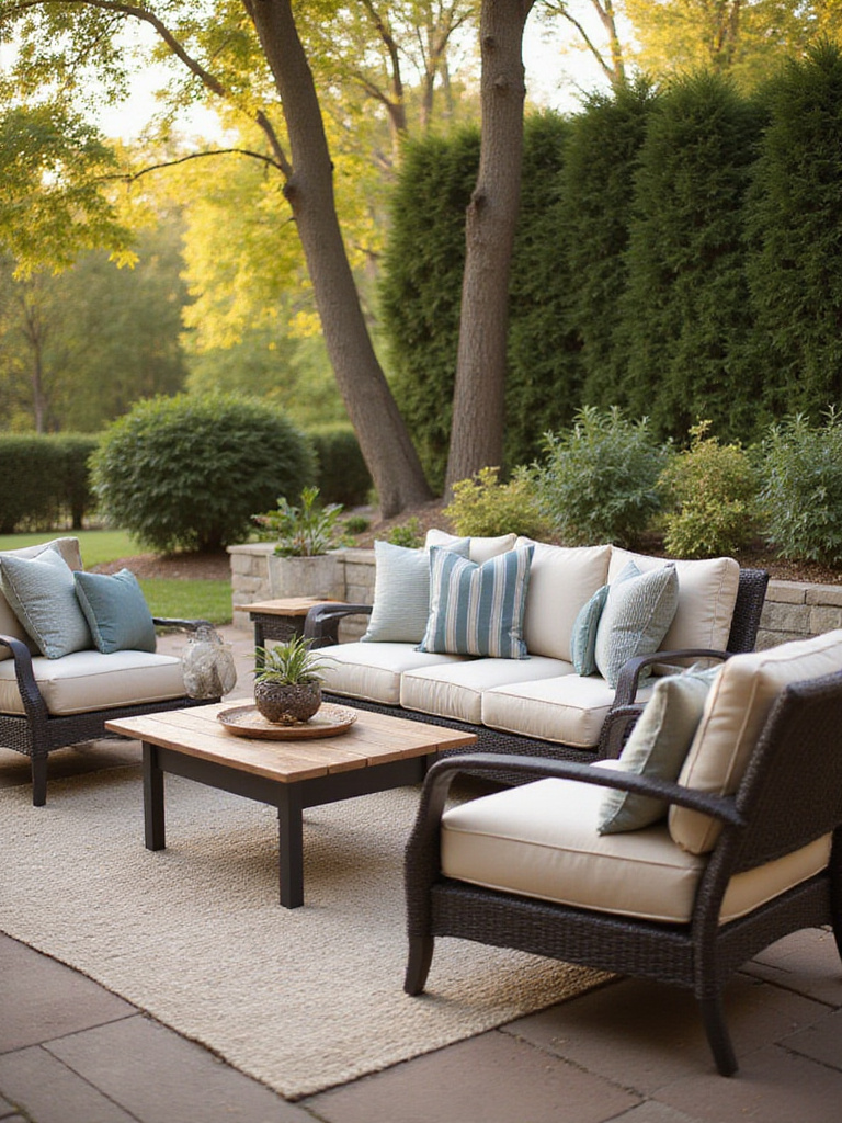A cozy patio featuring all-weather furniture with plush cushions and a stylish coffee table.