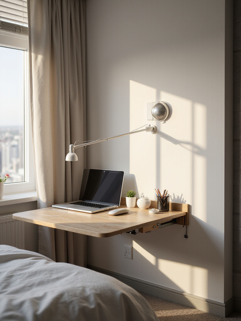 Fold-down desk in a small bedroom, showcasing a functional workspace with a laptop and lamp.