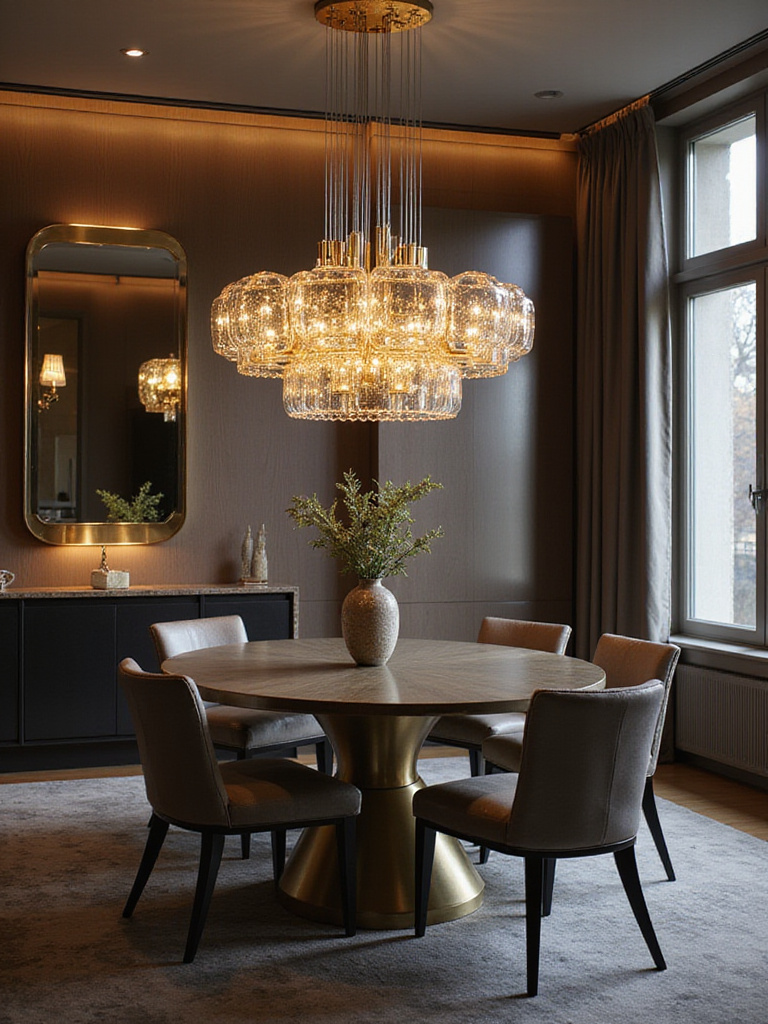 Contemporary dining room with a statement chandelier above a modern dining table.