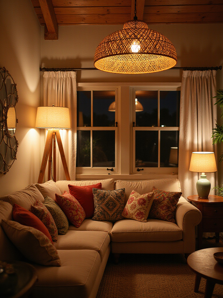 Cozy boho living room with warm ambient lighting and decorative fixtures