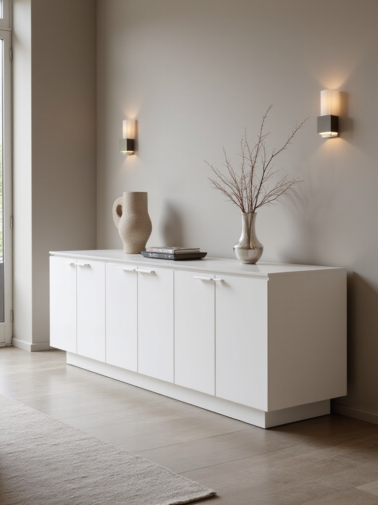 Contemporary dining room with a sleek, functional sideboard showcasing minimalist decor.