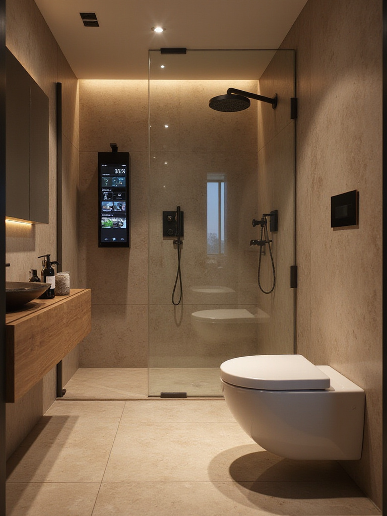 Luxurious bathroom with smart home technology including smart mirrors and digital shower controls