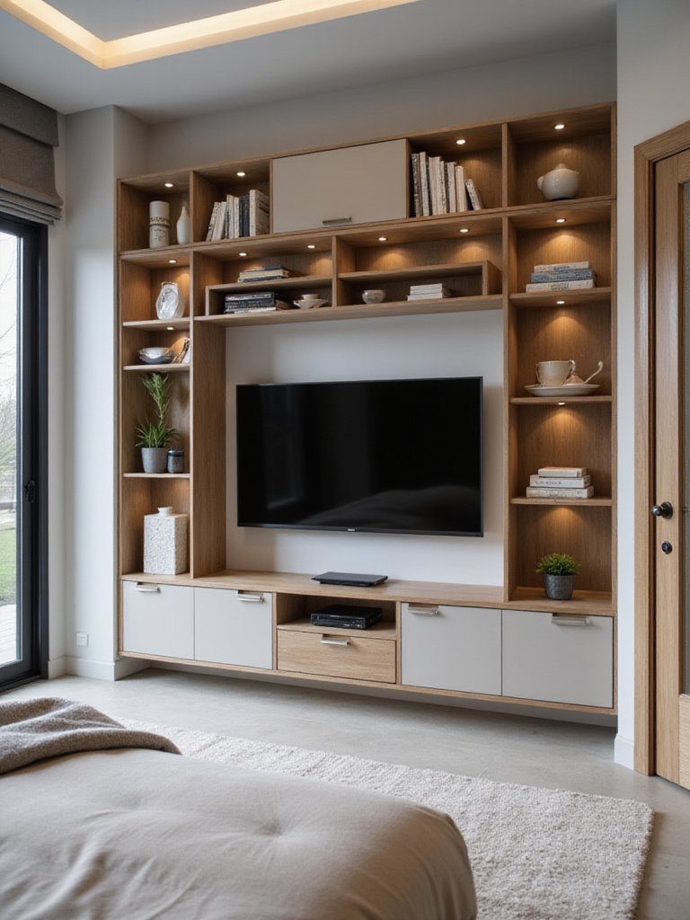 Modern bedroom featuring a wall-mounted TV unit with integrated storage solutions.
