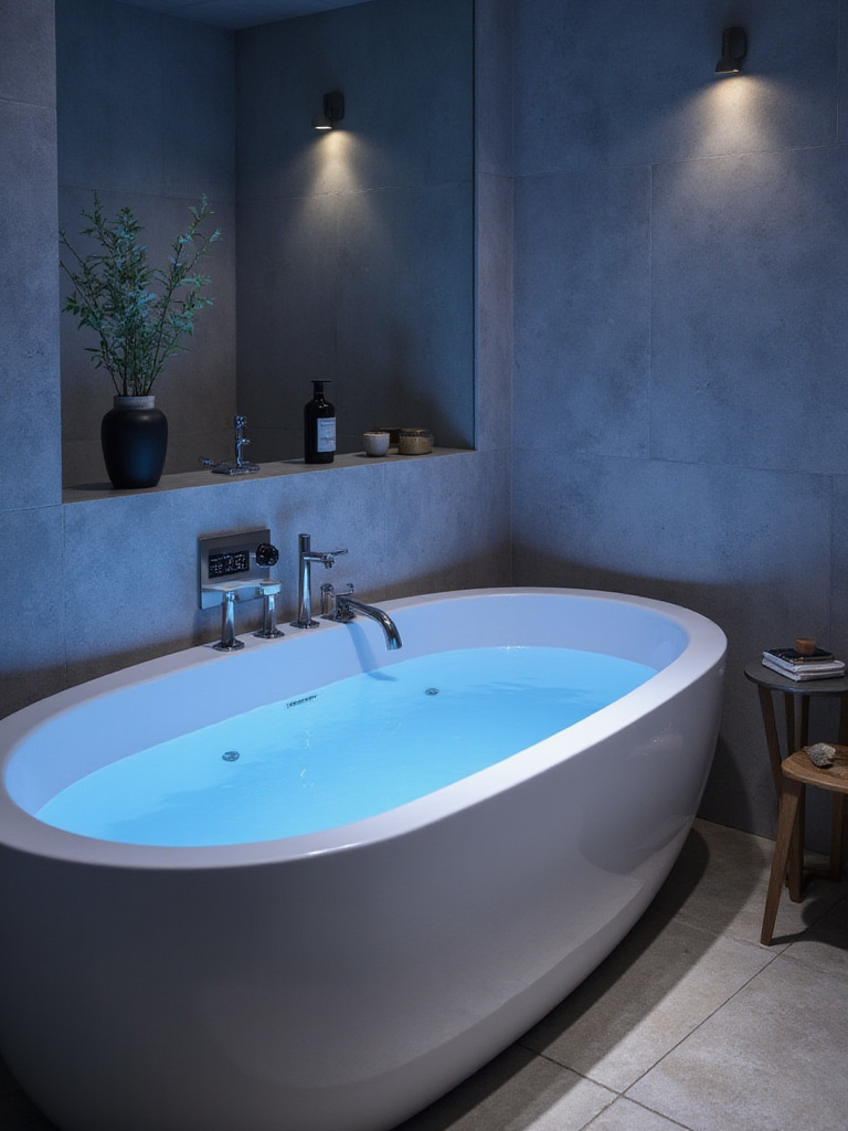 Modern smart bathtub with technology integration in a luxurious bathroom setting