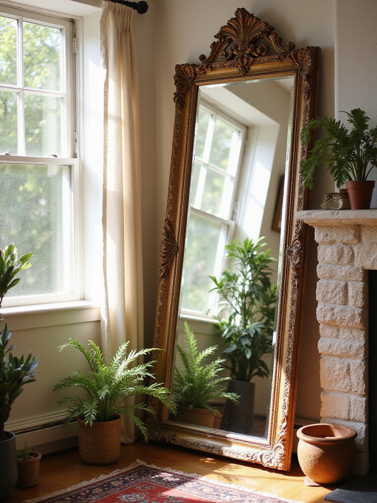 A bohemian living room with a large floor mirror enhancing light and space.