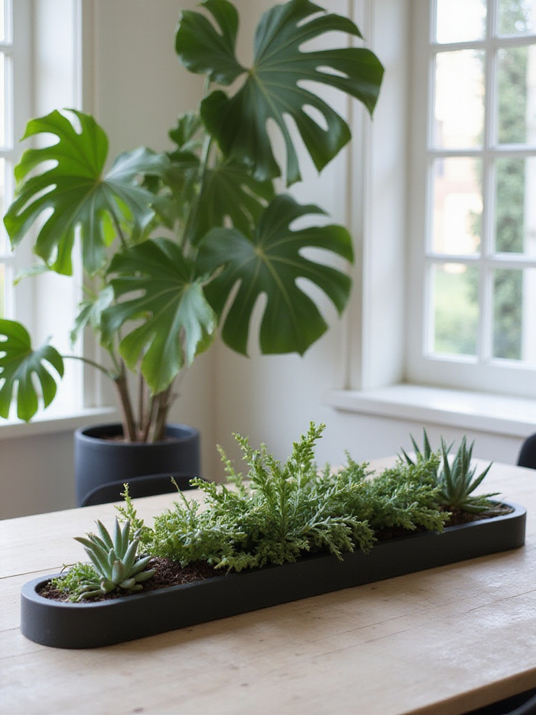 Contemporary dining room with live greenery including a Fiddle Leaf Fig and architectural succulents.