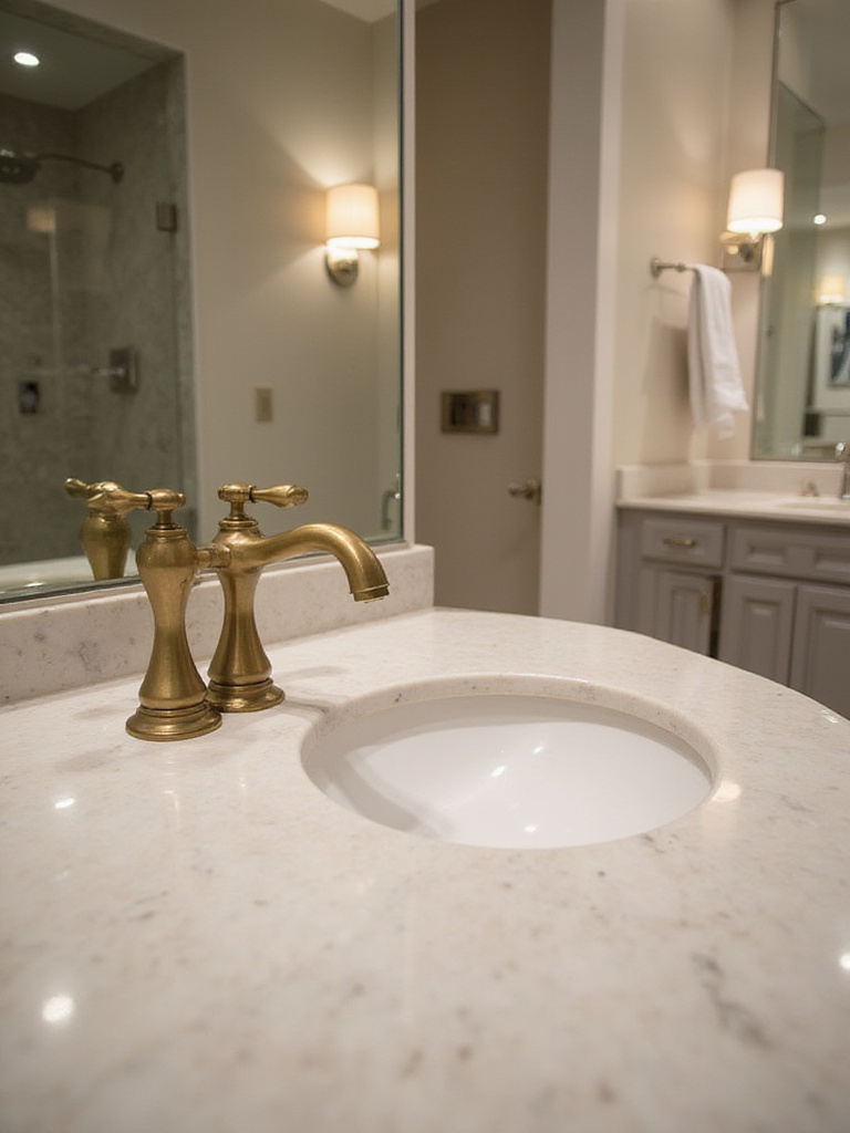 Luxurious bathroom with high-quality fixtures and finishes, marble countertop, solid brass faucet, elegant lighting.